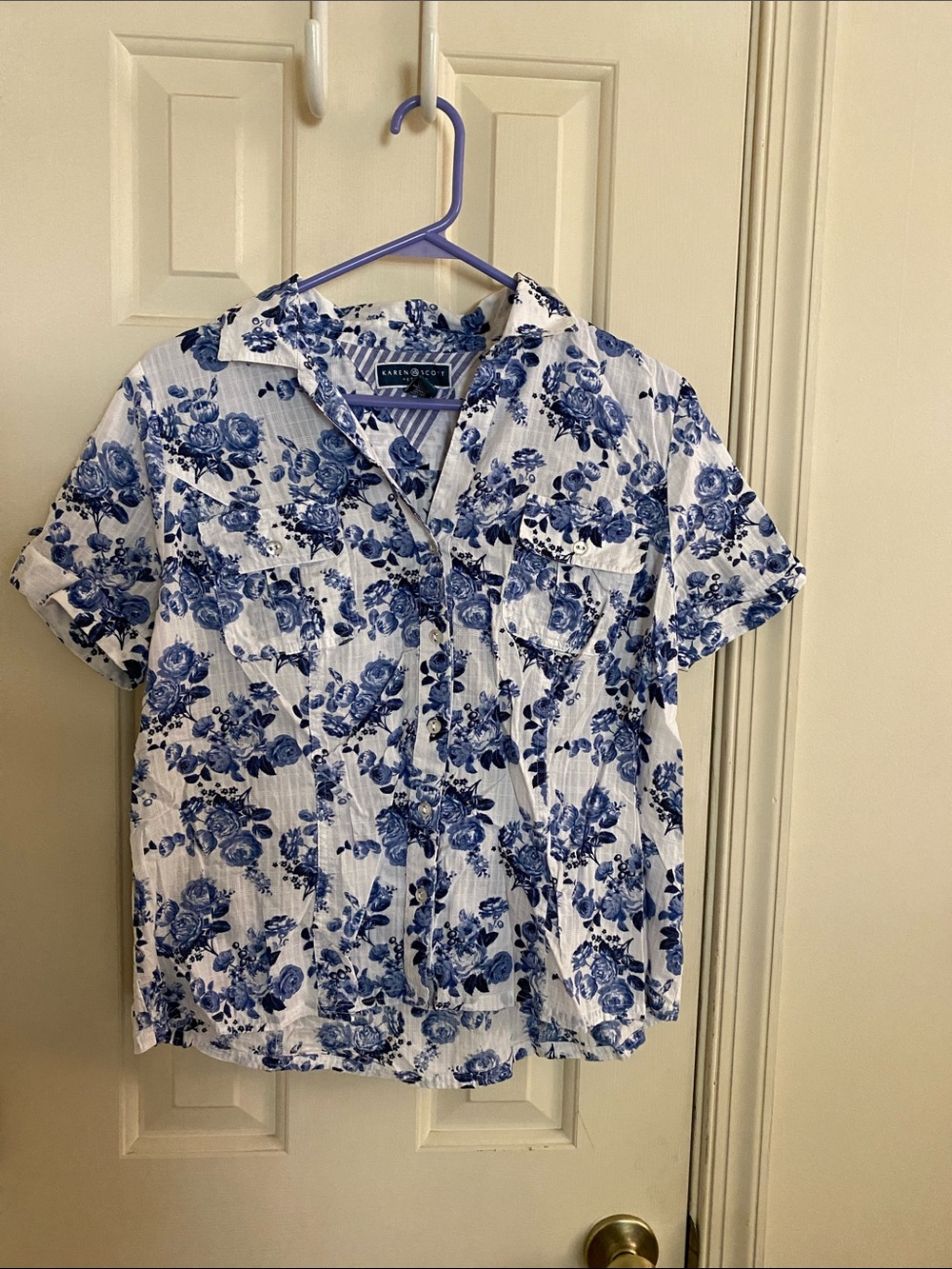 Karen Scott Short-Sleeve Button-Down Shirt Blue Floral Print XLP